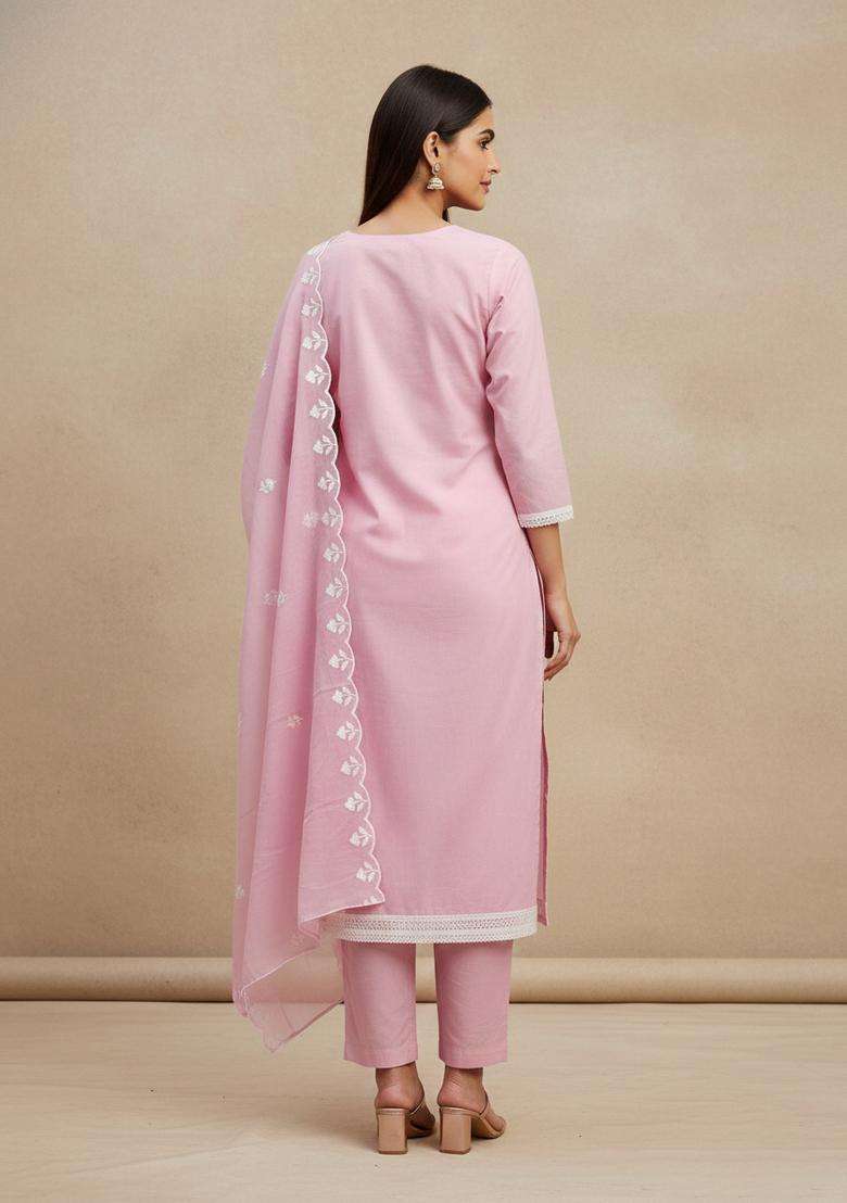 Peach Embroidery Chanderi Kurta Set - Indya