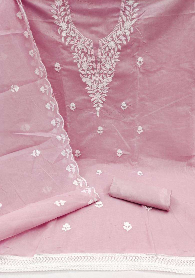 Peach Embroidery Chanderi Kurta Set - Indya