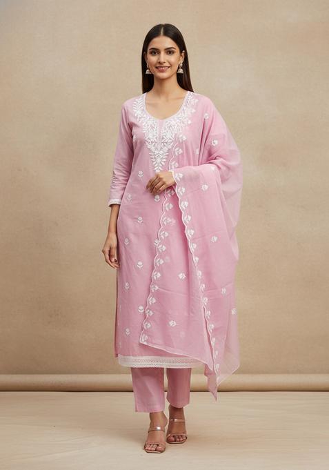Peach Embroidery Chanderi Kurta Set