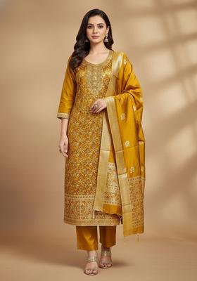 Yellow Embroidery Jacquard Kurta Set