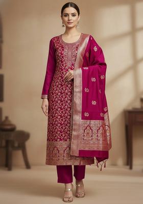 Pink Embroidery Jacquard Kurta Set