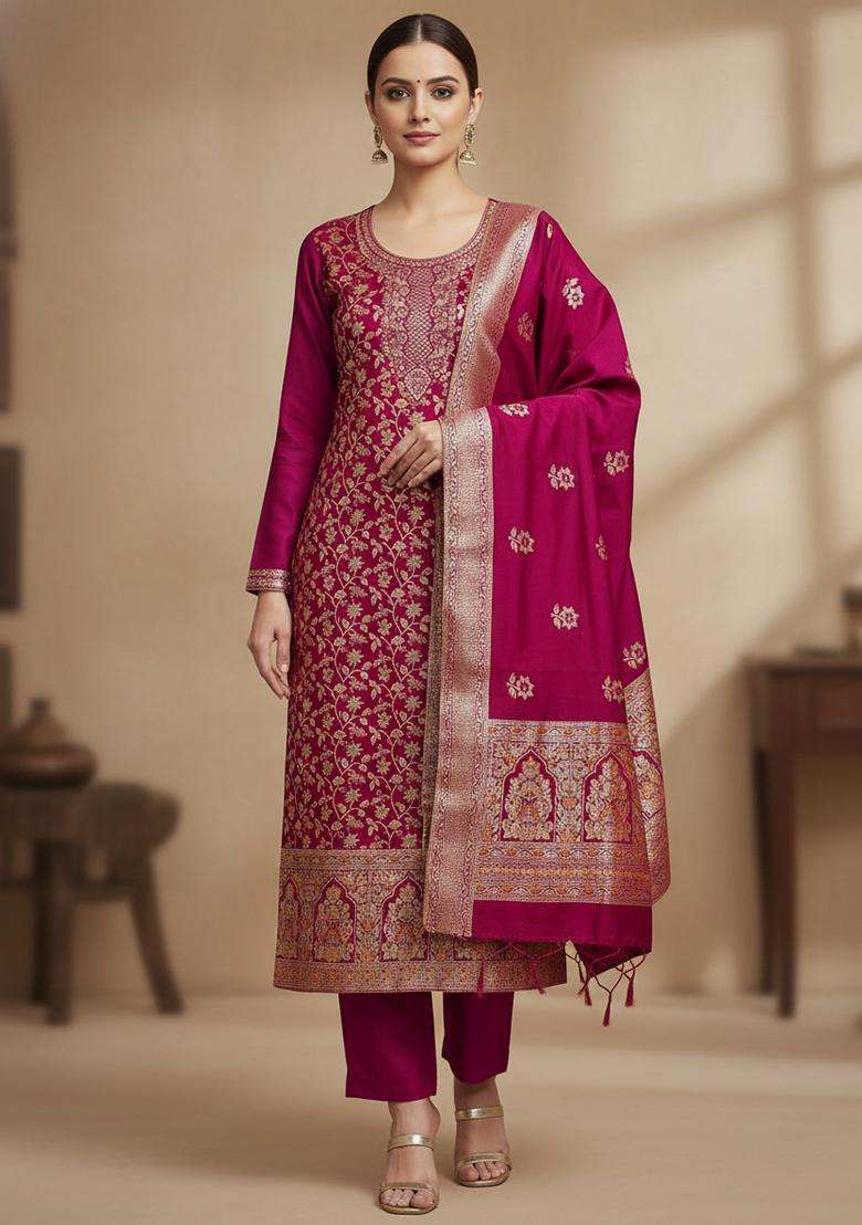 Pink Embroidery Jacquard Kurta Set - Indya