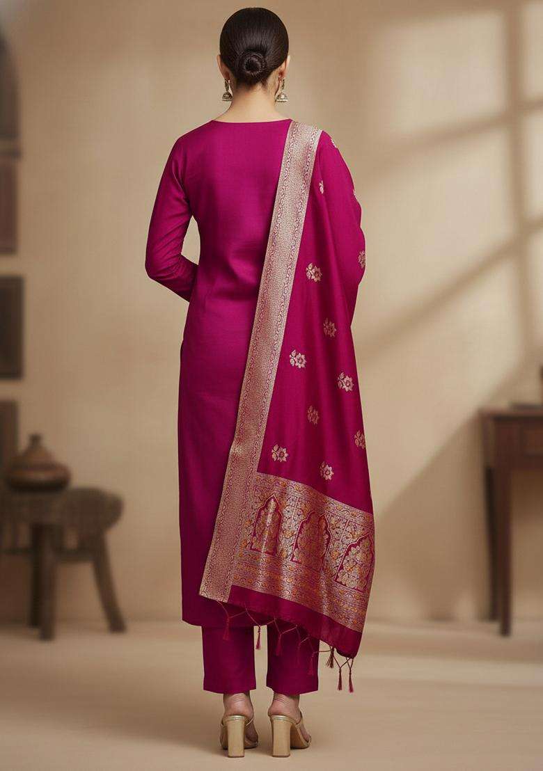 Pink Embroidery Jacquard Kurta Set - Indya