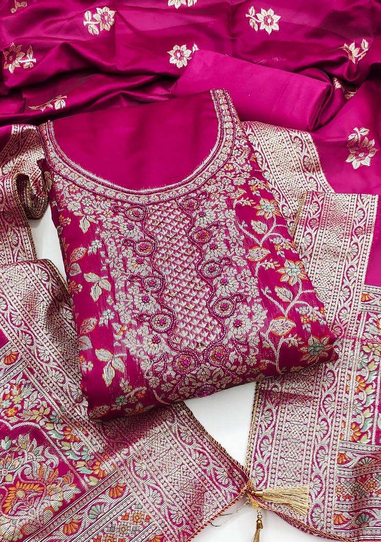 Pink Embroidery Jacquard Kurta Set - Indya