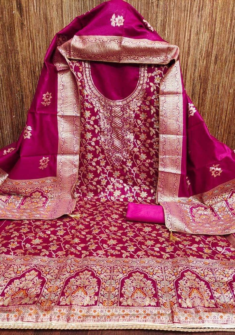 Pink Embroidery Jacquard Kurta Set - Indya