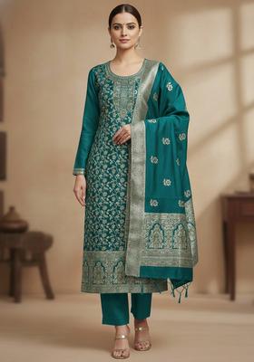Teal Embroidery Jacquard Kurta Set