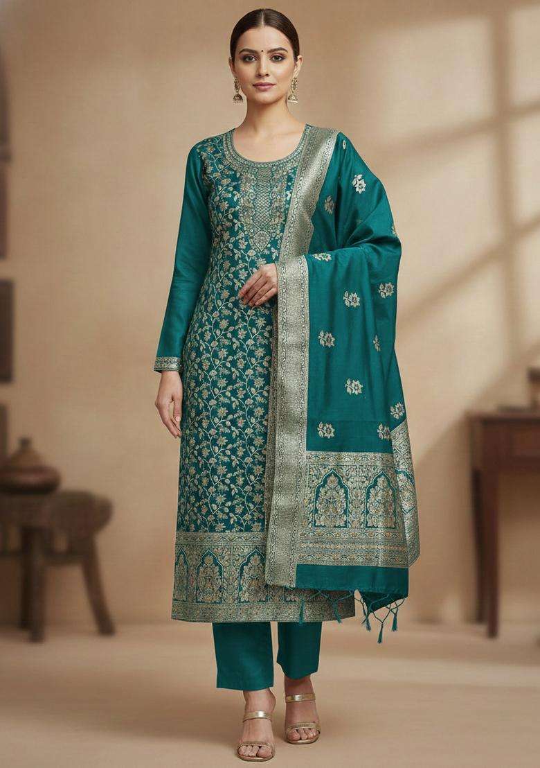 Teal Embroidery Jacquard Kurta Set - Indya