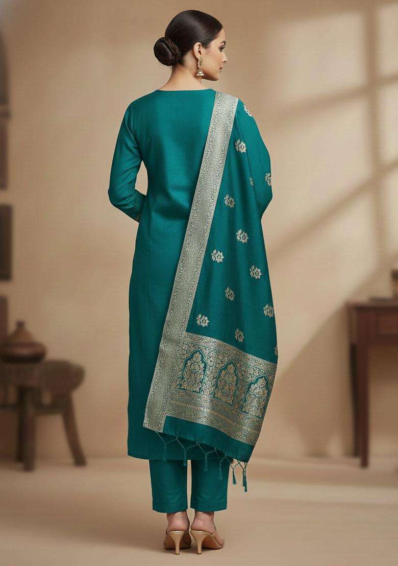 Teal Embroidery Jacquard Kurta Set - Indya