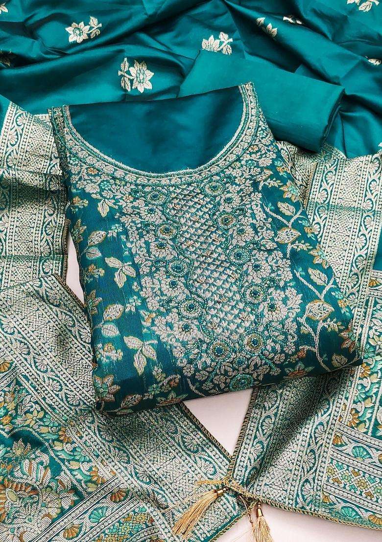 Teal Embroidery Jacquard Kurta Set - Indya