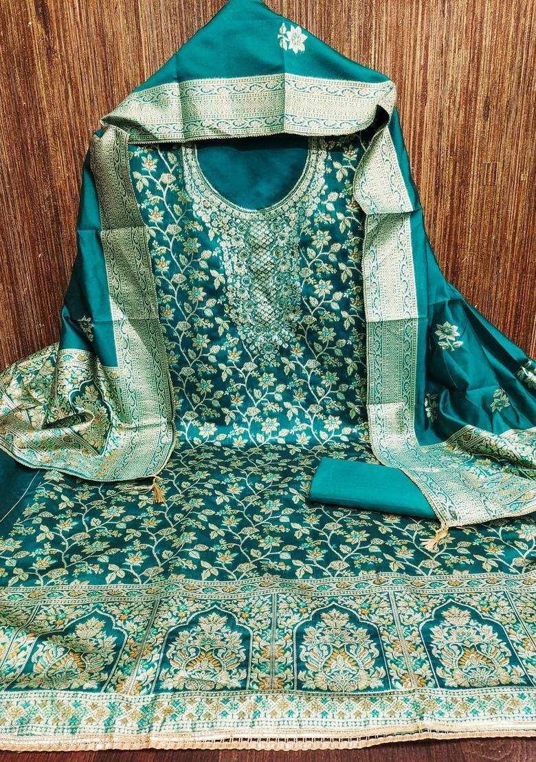Teal Embroidery Jacquard Kurta Set - Indya