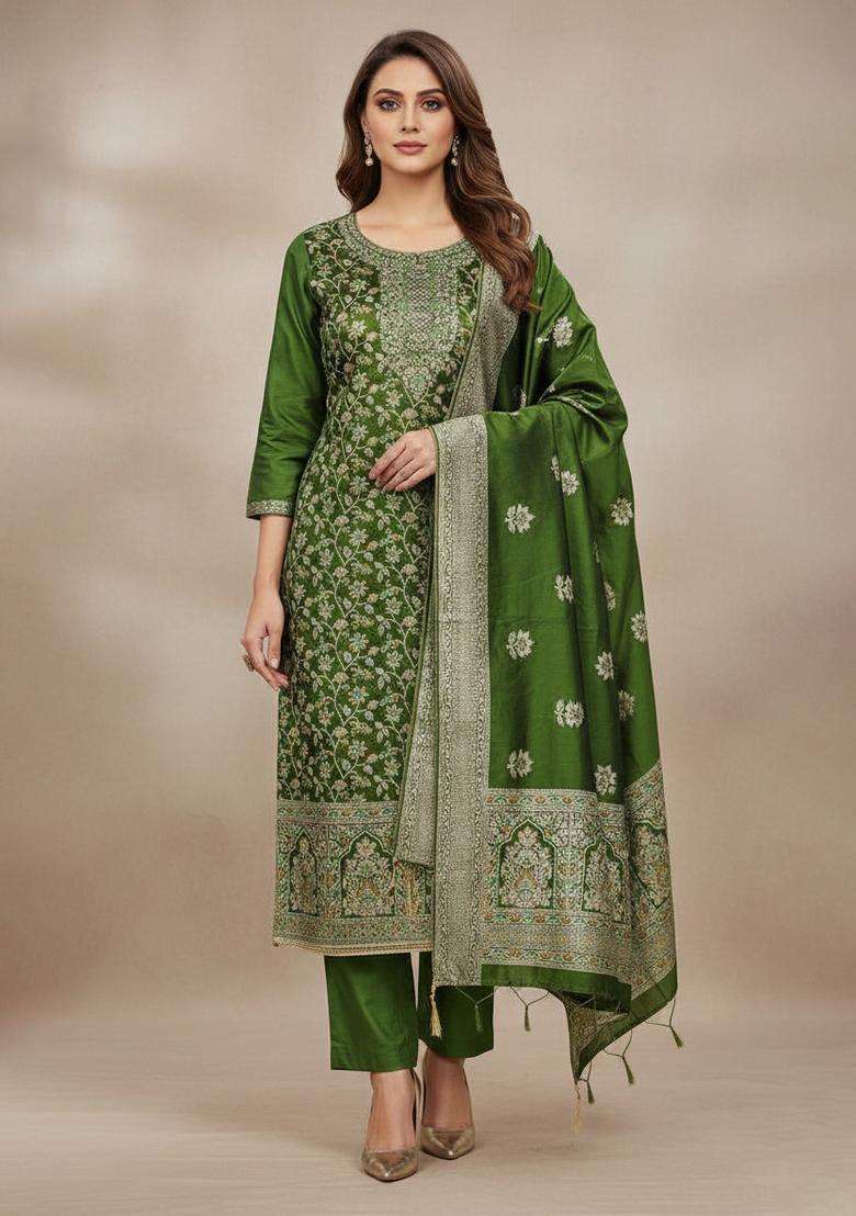Green Embroidery Jacquard Kurta Set - Indya