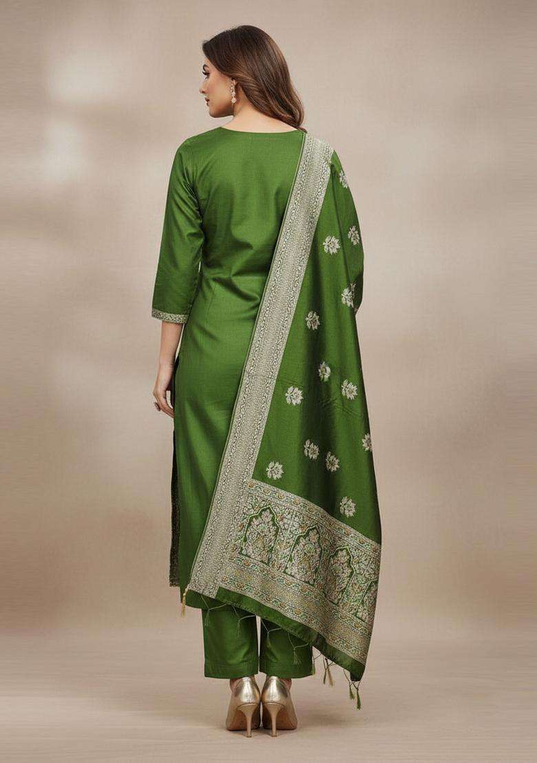 Green Embroidery Jacquard Kurta Set - Indya