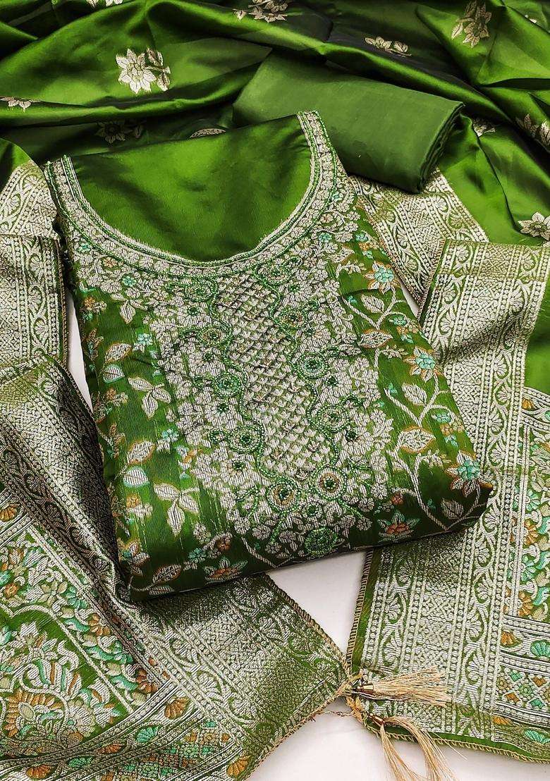 Green Embroidery Jacquard Kurta Set - Indya