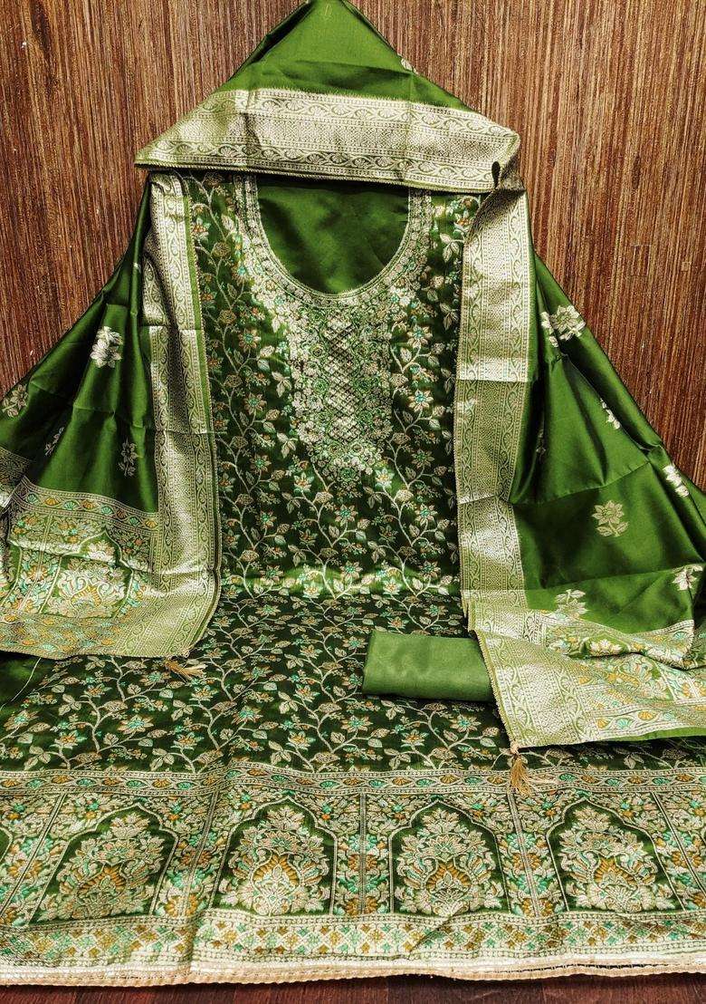 Green Embroidery Jacquard Kurta Set - Indya
