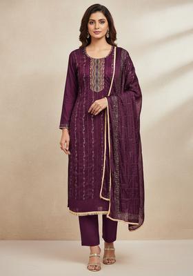 Wine Embroidery Cotton Kurta Set