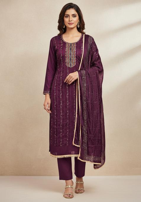 Wine Embroidery Cotton Kurta Set