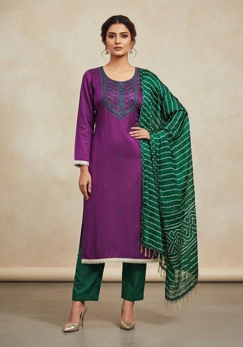 Purple Embroidery Cotton Kurta Set