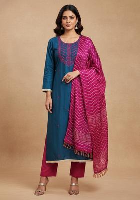 Blue Embroidery Cotton Kurta Set