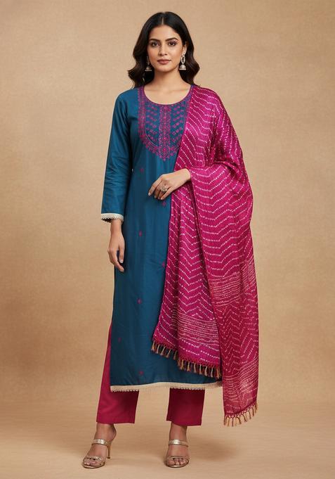 Blue Embroidery Cotton Kurta Set