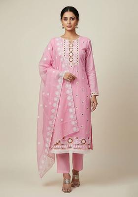 Pink Embroidery Chanderi Kurta Set