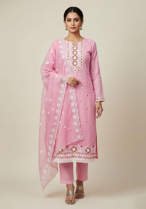 Pink Embroidery Chanderi Kurta Set