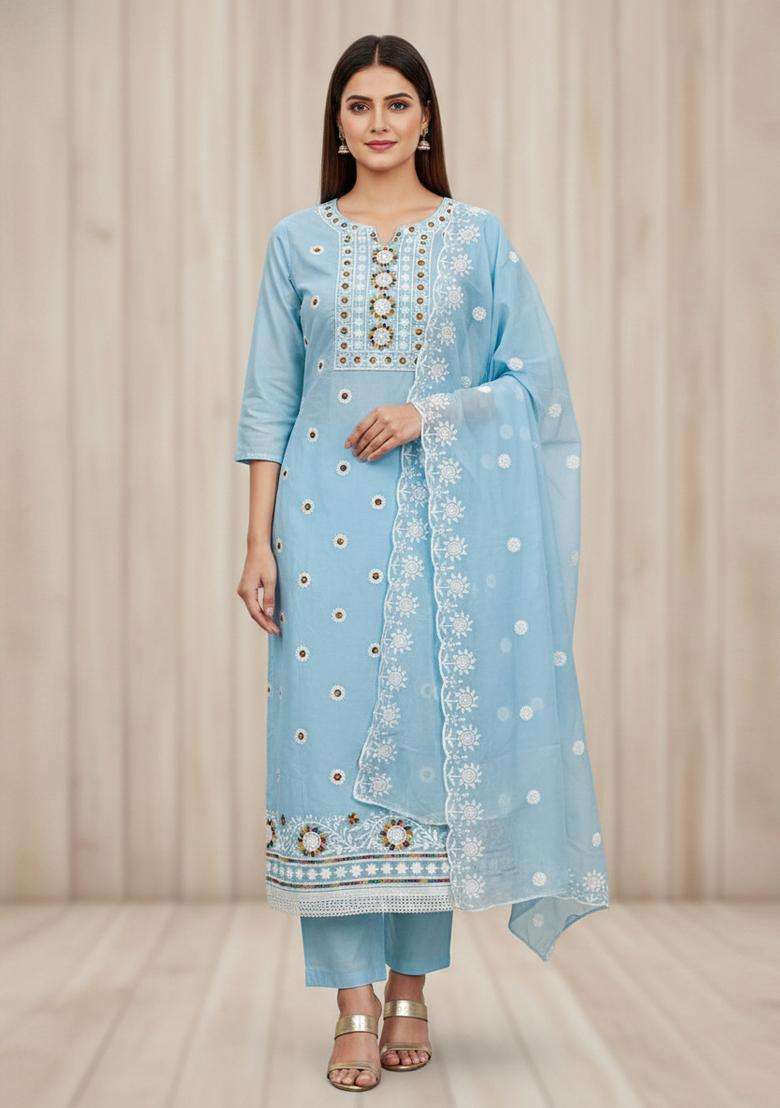 Light Blue Embroidery Chanderi Kurta Set - Indya