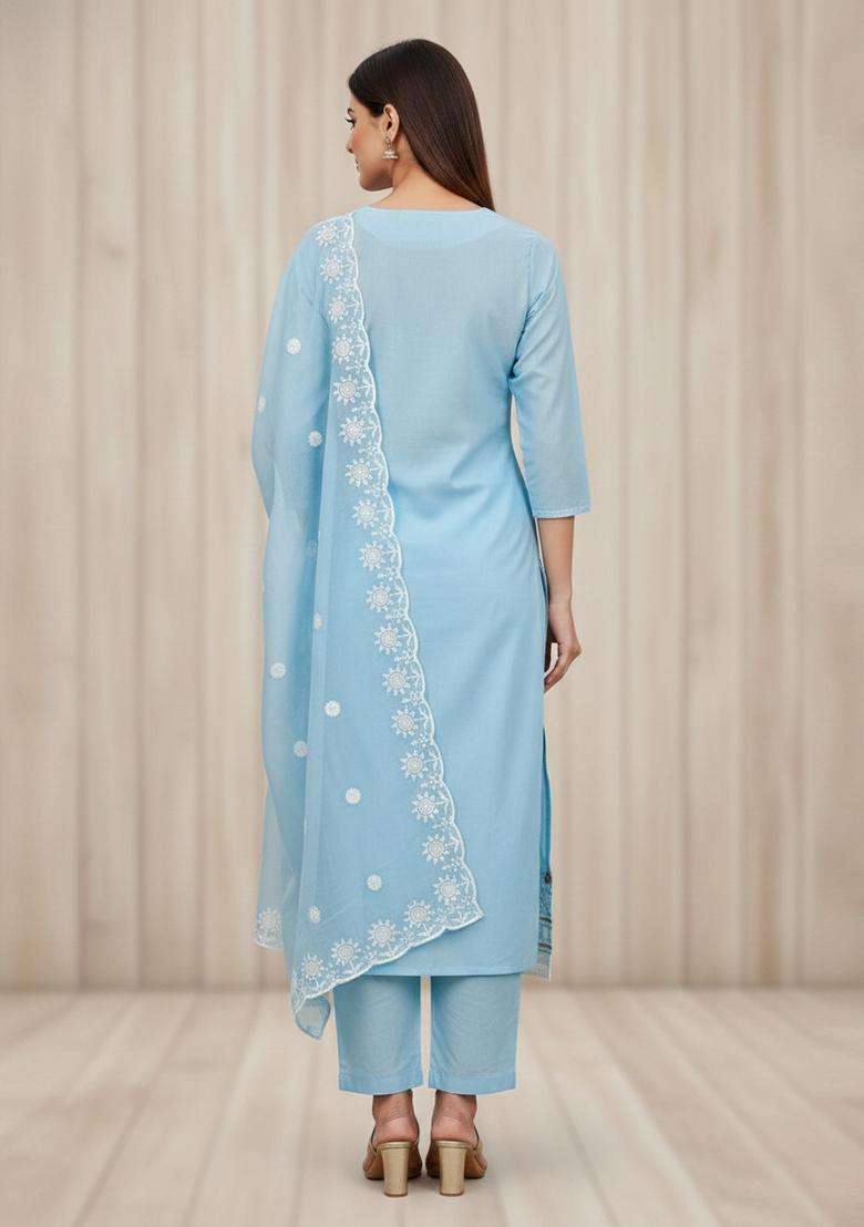 Light Blue Embroidery Chanderi Kurta Set - Indya