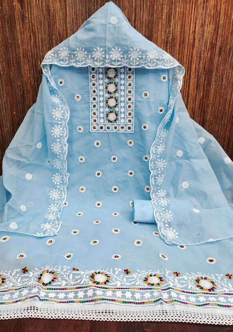 Light Blue Embroidery Chanderi Kurta Set - Indya
