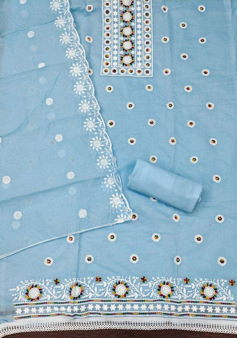 Light Blue Embroidery Chanderi Kurta Set - Indya