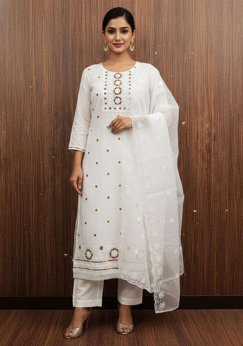 White Embroidery Chanderi Kurta Set - Indya