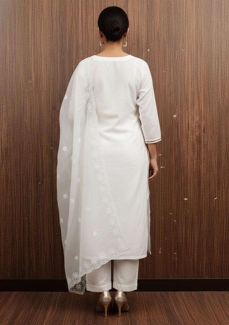 White Embroidery Chanderi Kurta Set - Indya