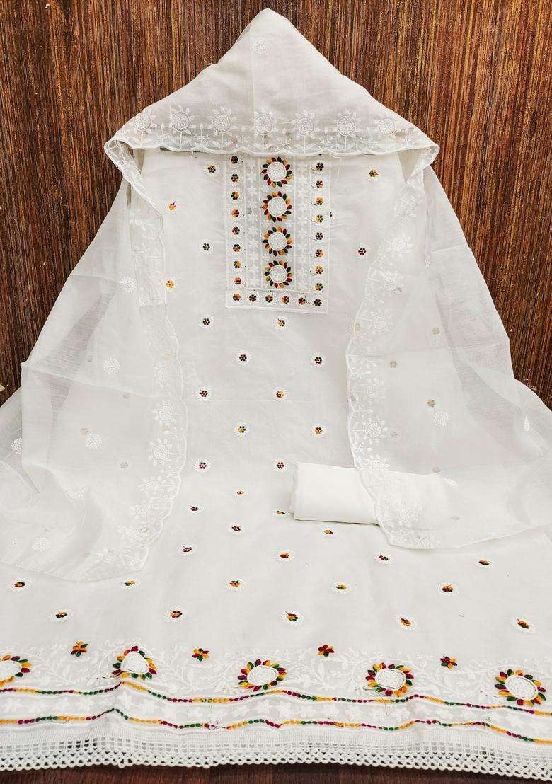 White Embroidery Chanderi Kurta Set - Indya