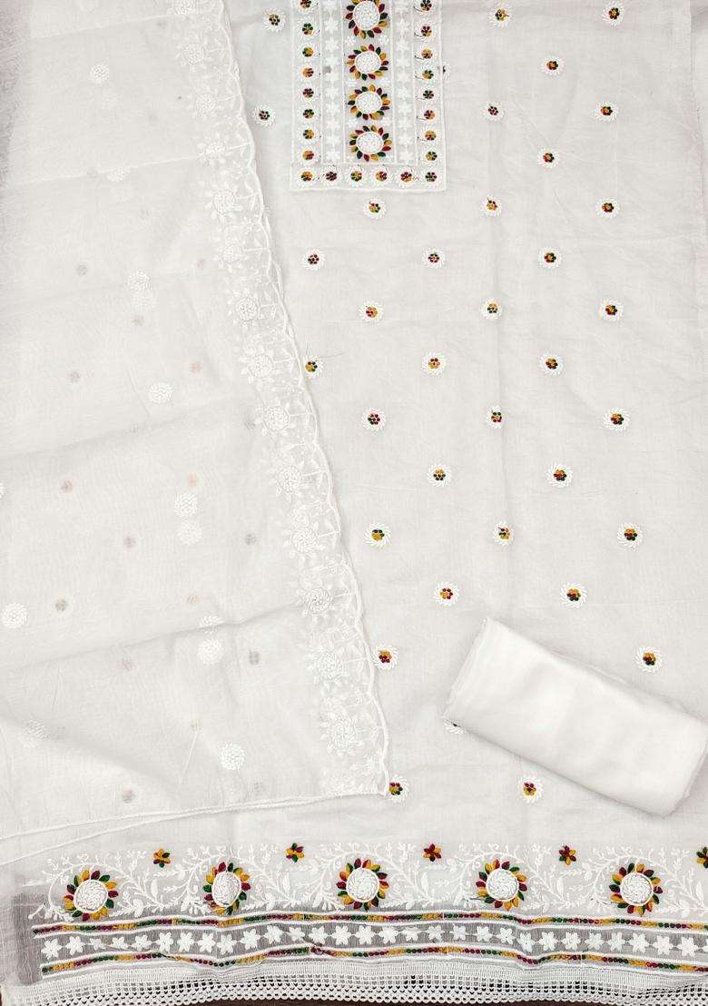 White Embroidery Chanderi Kurta Set - Indya