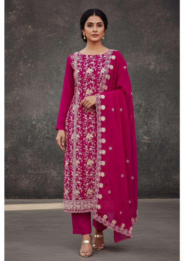 Pink Embroidery Georgette Kurta Set - Indya