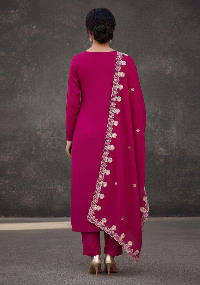 Pink Embroidery Georgette Kurta Set - Indya