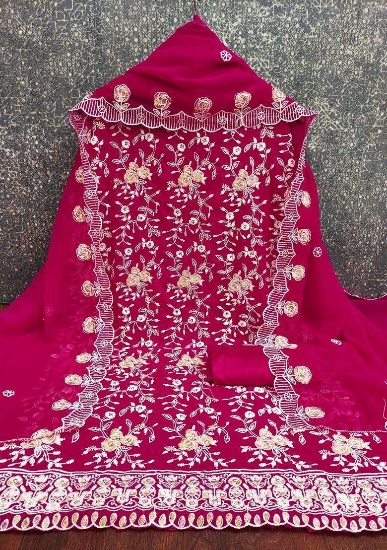 Pink Embroidery Georgette Kurta Set - Indya