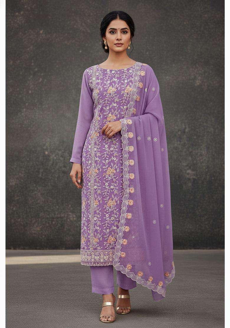 Purple Embroidery Georgette Kurta Set - Indya
