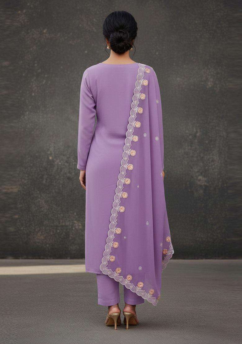 Purple Embroidery Georgette Kurta Set - Indya