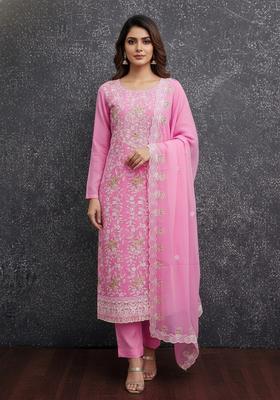 Fluorescent Pink Embroidery Georgette Kurta Set