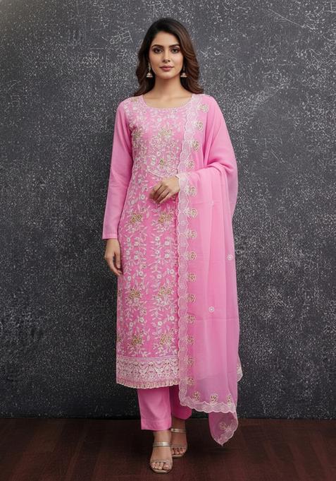 Fluorescent Pink Embroidery Georgette Kurta Set