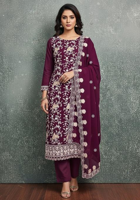 Maroon Embroidery Georgette Kurta Set