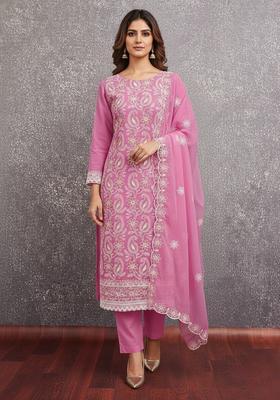Peach Embroidery Georgette Kurta Set