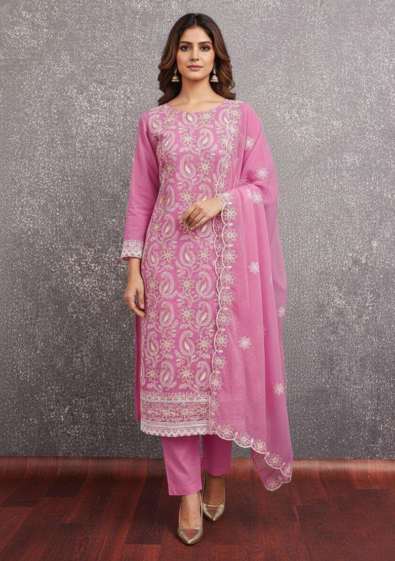 Peach Embroidery Georgette Kurta Set - Indya