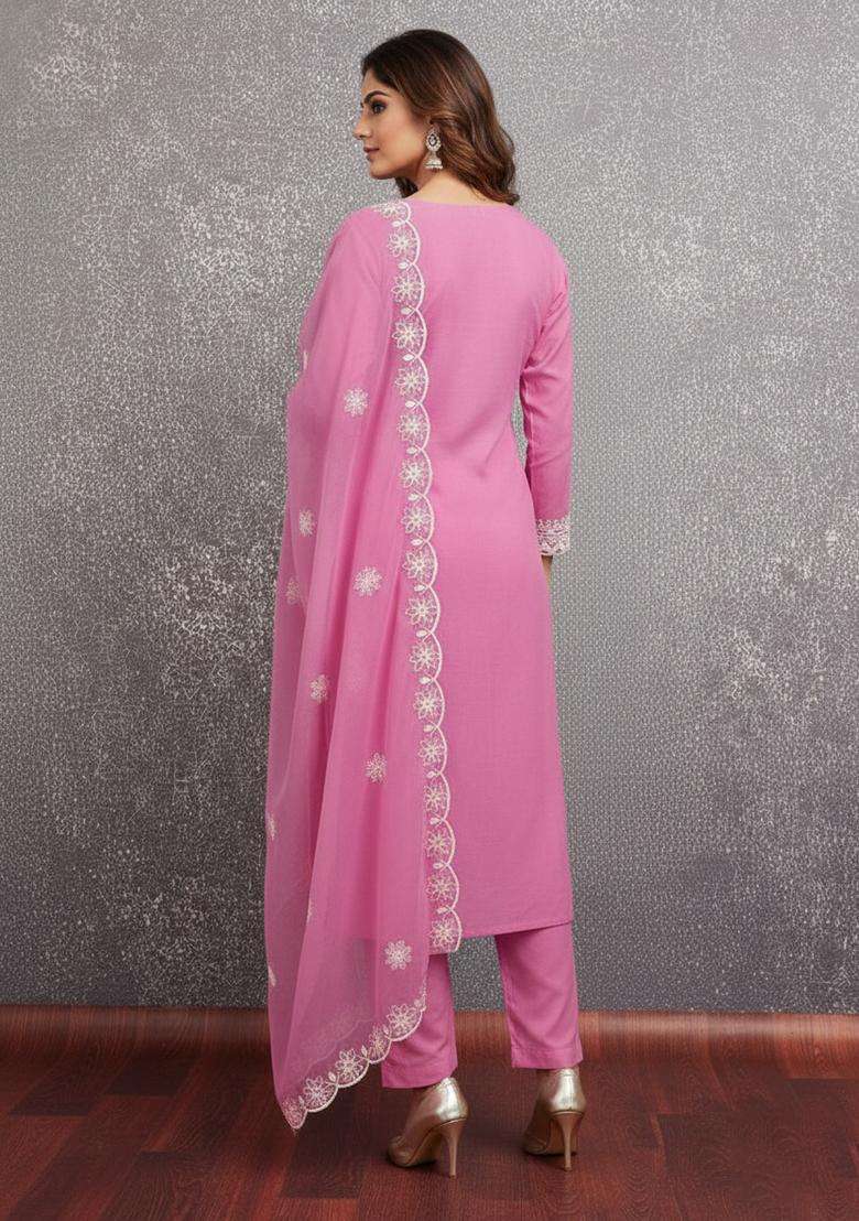 Peach Embroidery Georgette Kurta Set - Indya
