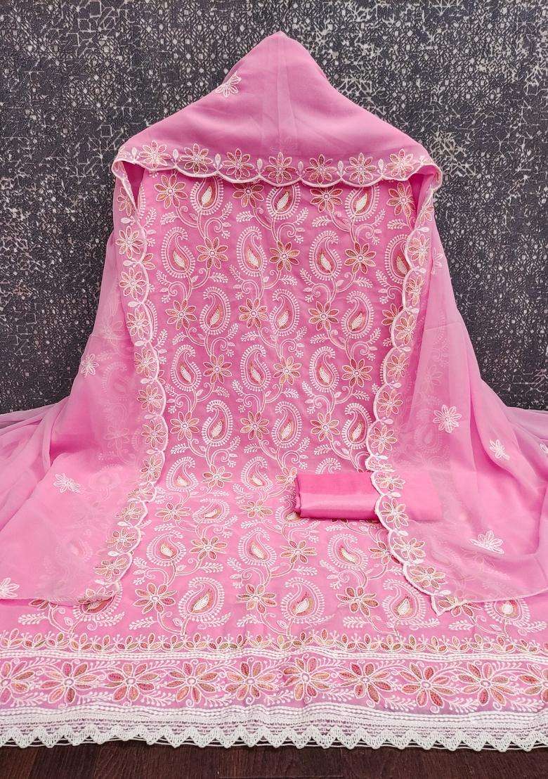 Peach Embroidery Georgette Kurta Set - Indya