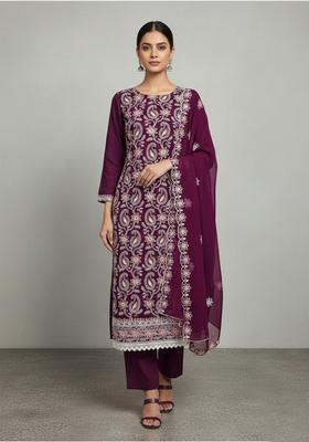 Maroon Embroidery Georgette Kurta Set