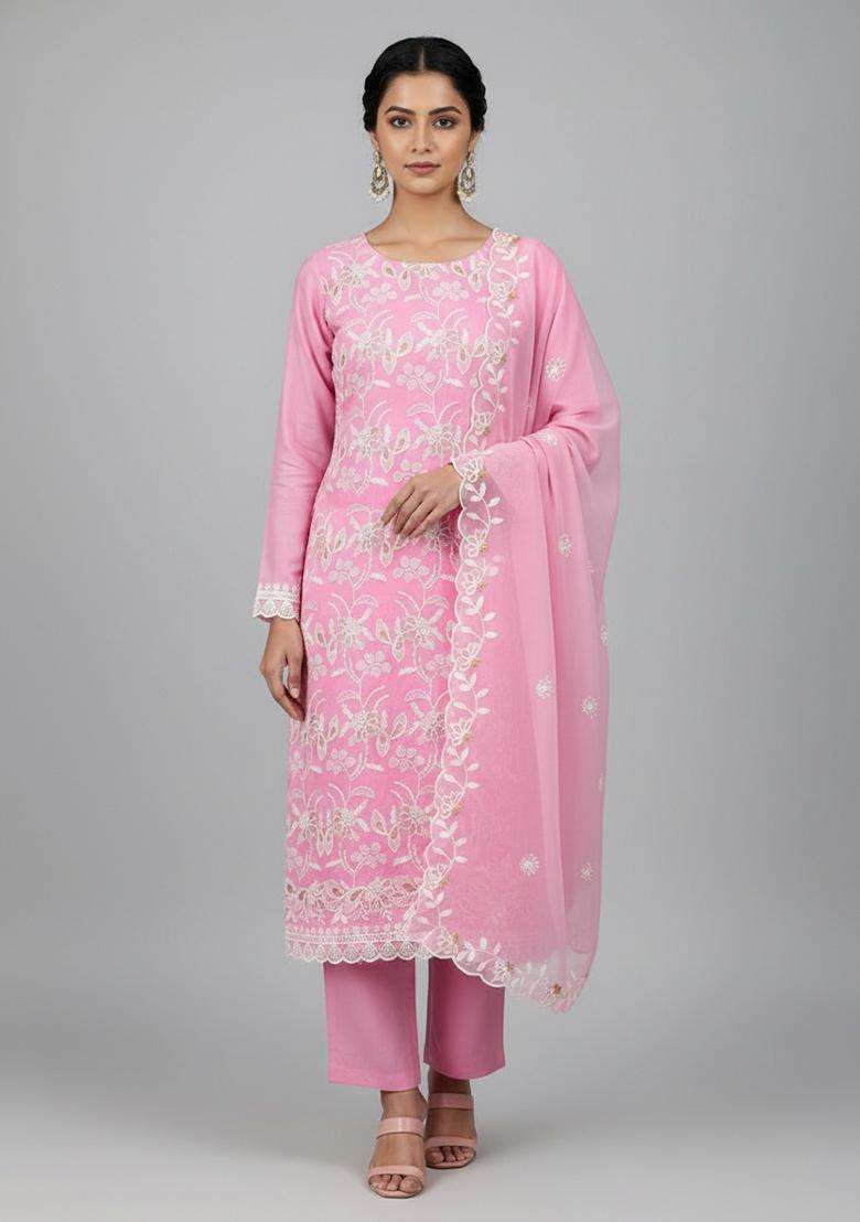 Pink Embroidery Georgette Kurta Set - Indya
