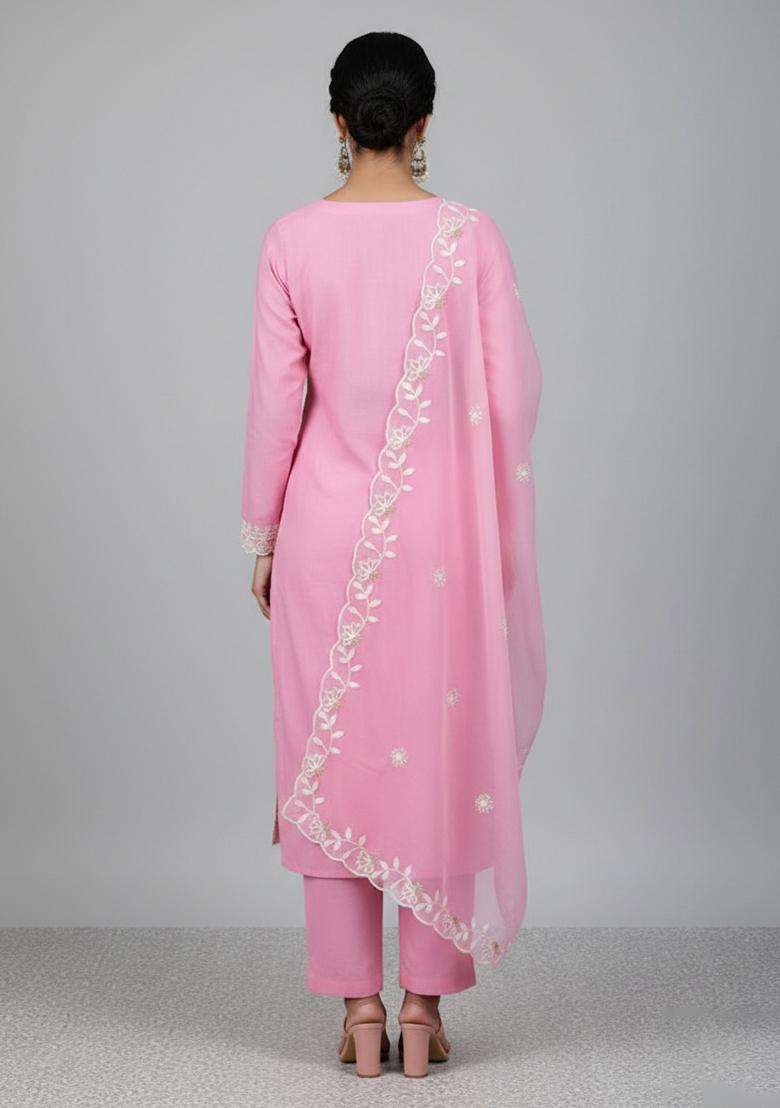Pink Embroidery Georgette Kurta Set - Indya