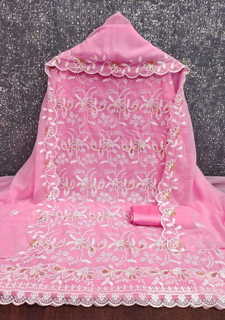 Pink Embroidery Georgette Kurta Set - Indya