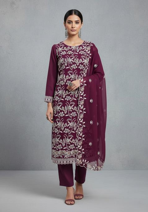 Maroon Embroidery Georgette Kurta Set